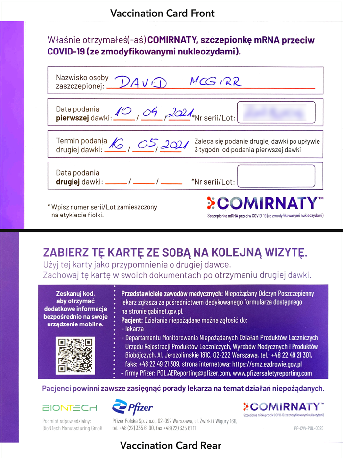 Covid 19 Vaccination Card Poland Pfizer