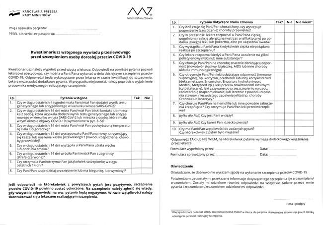 Covid Vaccination Poland Medical Questionnaire